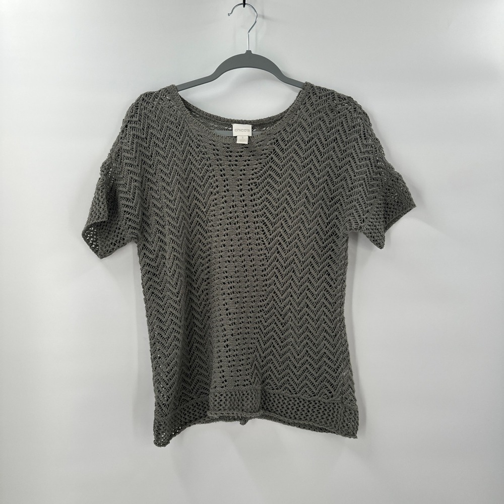 Chicos Crochet Sweater Top Medium Boho Green Short Sleeve Cottagecore Coastal